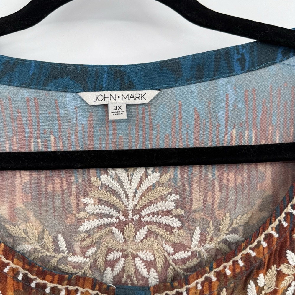 John Mark Shirt Top Womens 3X Blue Orange Embroidered Floral Flowy Scoop Neck - Picture 3 of 10
